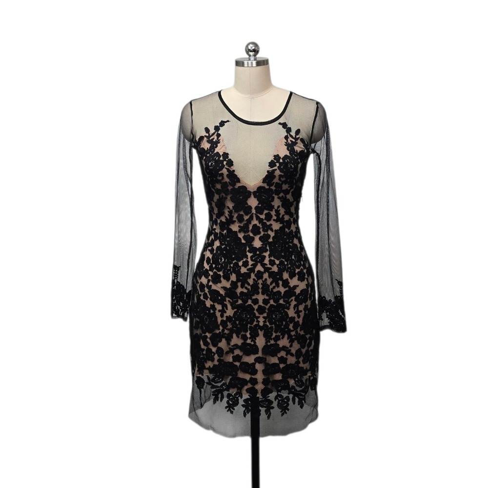 For Love & Lemons Black‎ Floral Lace Mesh Mini Dress Nude Lining XS Long Sleeve